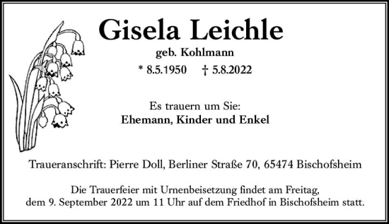 Traueranzeige von Gisela Leichle von vrm-trauer Rüsselsheimer Echo / MainSpitze