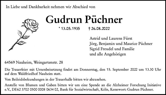 Traueranzeige von Gudrun Püchner von vrm-trauer Rüsselsheimer Echo / MainSpitze