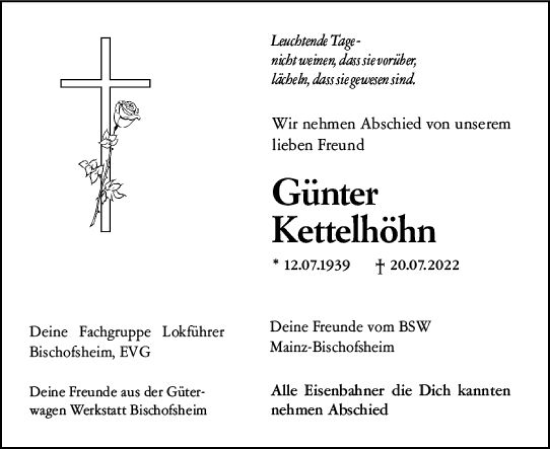 Traueranzeige von Günter Kettelhöhn von vrm-trauer Wiesbadener Kurier
