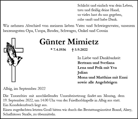 Traueranzeige von Günter Mimietz von vrm-trauer Allgemeine Zeitung Alzey