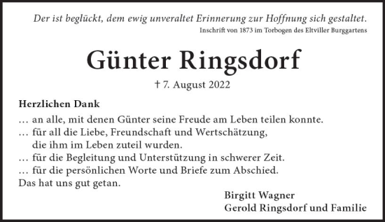Traueranzeige von Günter Ringsdorf von vrm-trauer Wiesbadener Kurier
