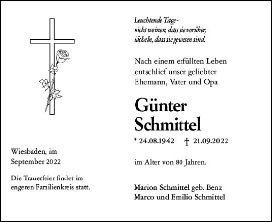 Traueranzeige von Günter Schmittel von vrm-trauer Wiesbadener Kurier