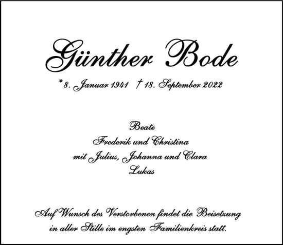 Traueranzeige von Günther Bode von vrm-trauer Wiesbadener Kurier