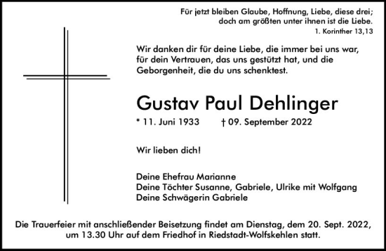 Traueranzeige von Gustav Paul Dehlinger von vrm-trauer Darmstädter Echo