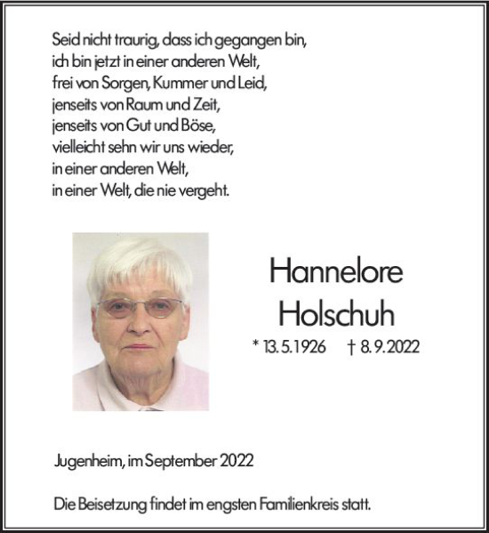 Traueranzeige von Hannelore Holschuh von vrm-trauer Darmstädter Echo