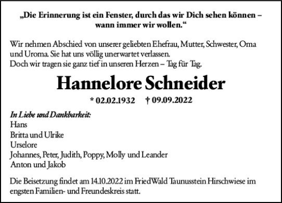 Traueranzeige von Hannelore Schneider von vrm-trauer Wiesbadener Kurier