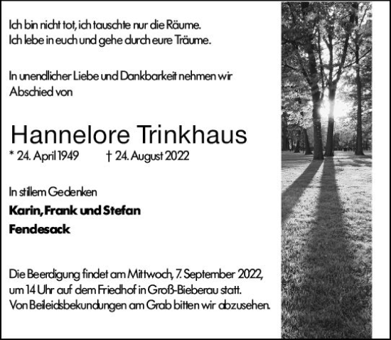 Traueranzeige von Hannelore Trinkhaus von vrm-trauer Darmstädter Echo