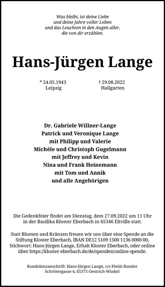 Traueranzeige von Hans-Jürgen Lange von vrm-trauer Wiesbadener Kurier