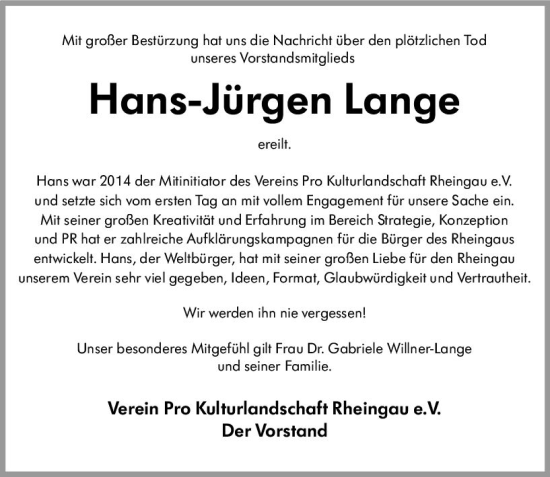 Traueranzeige von Hans-Jürgen Lange von vrm-trauer Rheingau