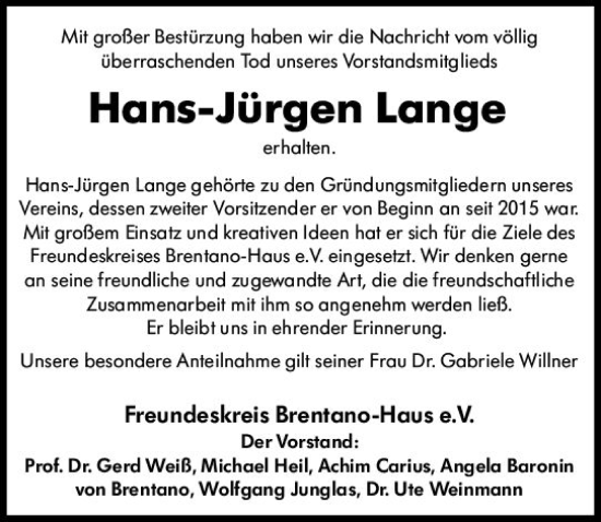 Traueranzeige von Hans-Jürgen Lange von vrm-trauer Rheingau