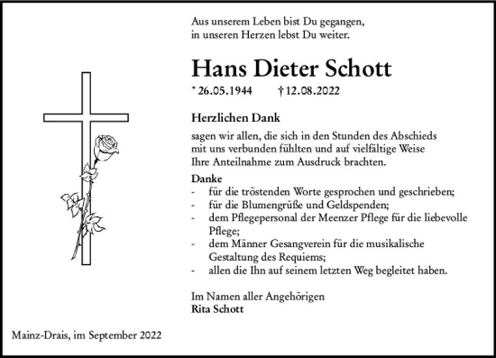 Traueranzeige von Hans Dieter Schott von vrm-trauer AZ Mainz
