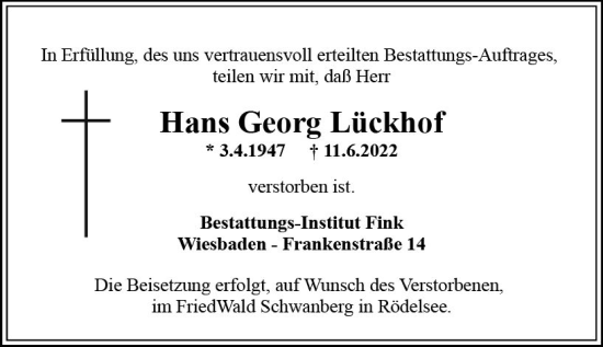 Traueranzeige von Hans Georg Lückhof von vrm-trauer Wiesbadener Kurier