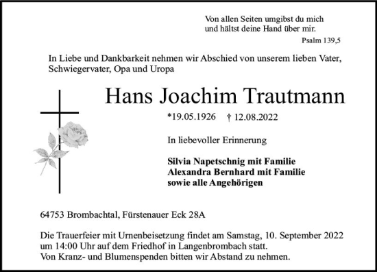 Traueranzeige von Hans Joachim Trautmann von vrm-trauer Odenwälder Echo