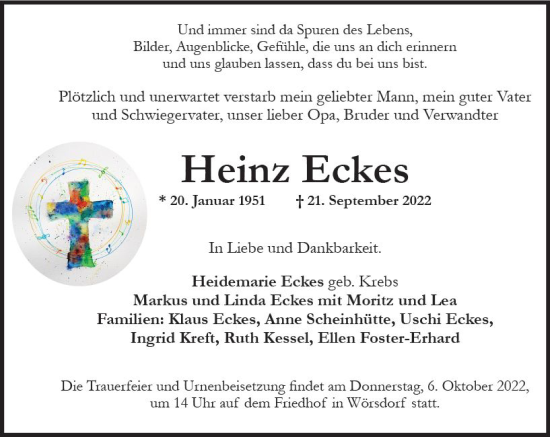 Traueranzeige von Heinz Eckes von vrm-trauer Wiesbadener Kurier