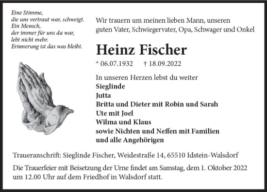Traueranzeige von Heinz Fischer von vrm-trauer Idsteiner Zeitung