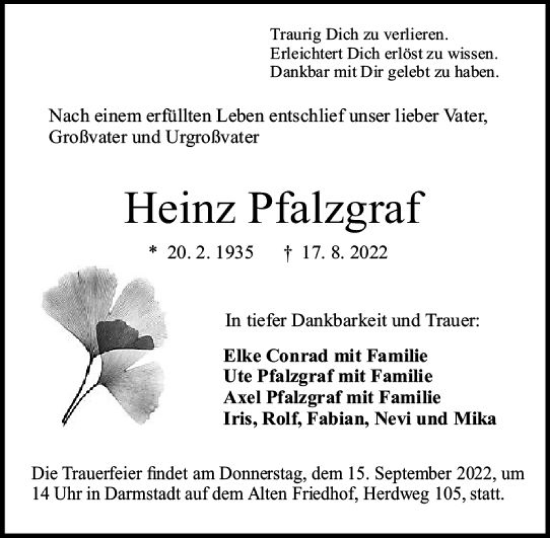 Traueranzeige von Heinz Pfalzgraf von vrm-trauer Darmstädter Echo