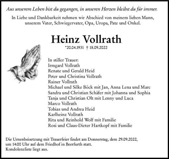 Traueranzeige von Heinz Vollrath von vrm-trauer Odenwälder Echo