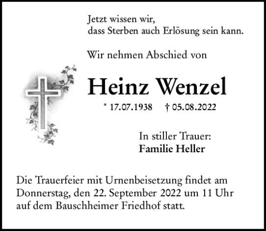 Traueranzeige von Heinz Wenzel von vrm-trauer Rüsselsheimer Echo / MainSpitze
