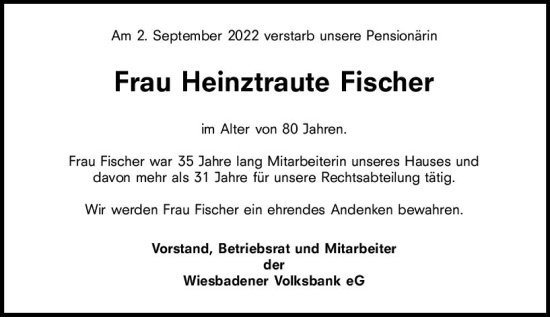 Traueranzeige von Heinztraute Fischer von vrm-trauer Wiesbadener Kurier