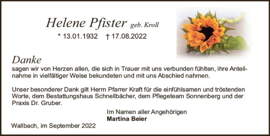 Traueranzeige von Helene Pfister von vrm-trauer Odenwälder Echo