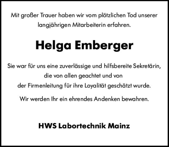 Traueranzeige von Helga Emberger von vrm-trauer AZ Mainz