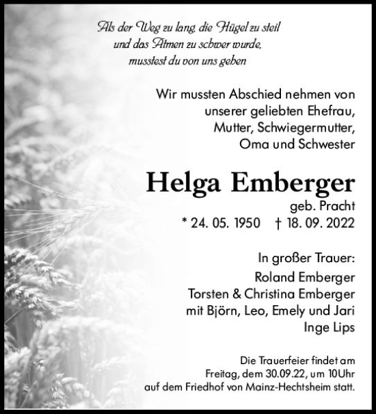 Traueranzeige von Helga Emberger von vrm-trauer AZ Mainz