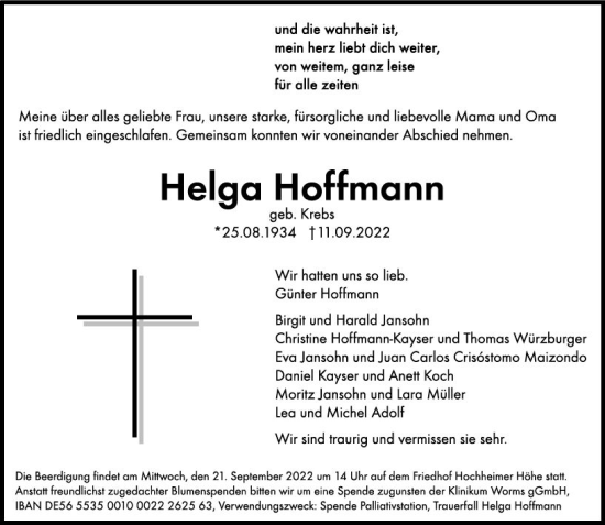 Traueranzeige von Helga Hoffmann von vrm-trauer Wormser Zeitung