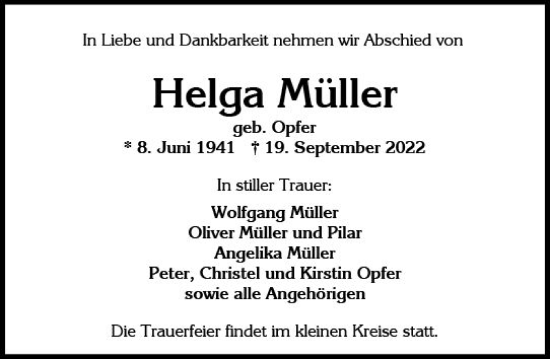 Traueranzeige von Helga Müller von vrm-trauer Wiesbadener Kurier