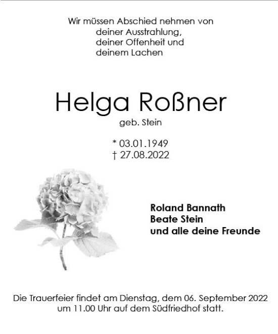 Traueranzeige von Helga Roßner von vrm-trauer Wiesbadener Kurier