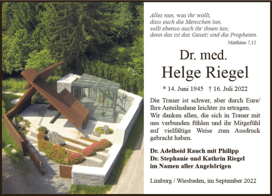 Traueranzeige von Helge Riegel von vrm-trauer Wiesbadener Kurier
