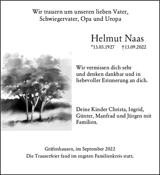 Traueranzeige von Helmut Naas von vrm-trauer Darmstädter Echo