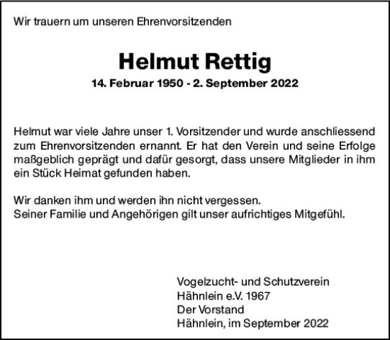 Traueranzeige von Helmut Rettig von vrm-trauer Darmstädter Echo