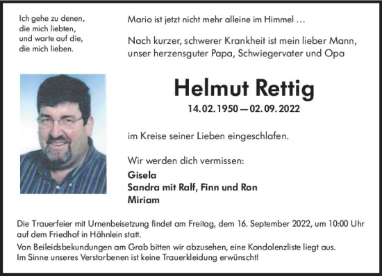 Traueranzeige von Helmut Rettig von vrm-trauer Darmstädter Echo