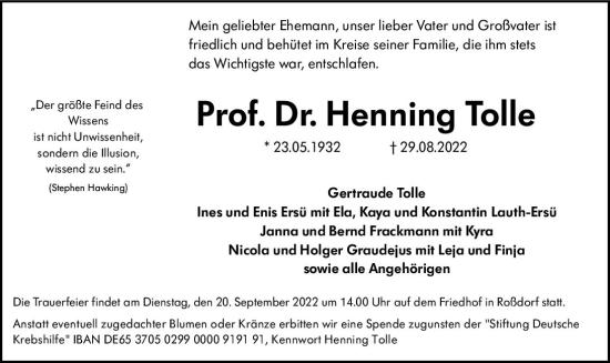 Traueranzeige von Henning Tolle von vrm-trauer Darmstädter Echo