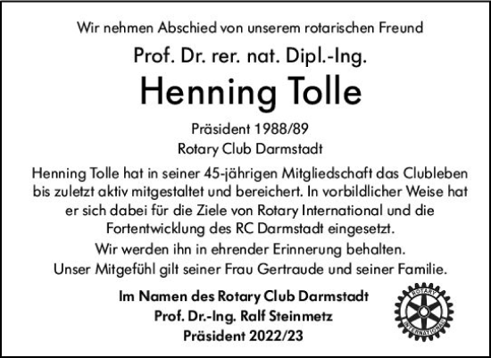 Traueranzeige von Henning Tolle von vrm-trauer Darmstädter Echo