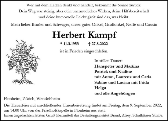 Traueranzeige von Herbert Kampf von vrm-trauer Allgemeine Zeitung Alzey