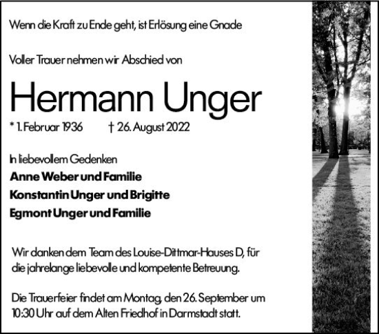 Traueranzeige von Hermann Unger von vrm-trauer Darmstädter Echo