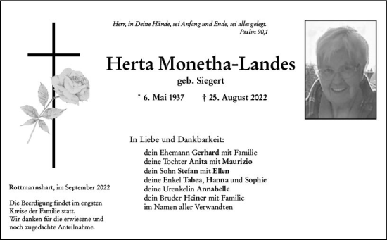 Traueranzeige von Herta Monetha-Landes von vrm-trauer Wiesbadener Kurier