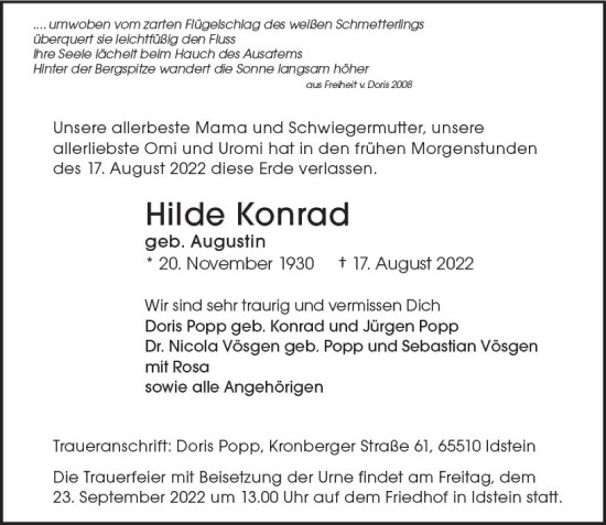 Traueranzeige von Hilde Konrad von vrm-trauer Idsteiner Zeitung