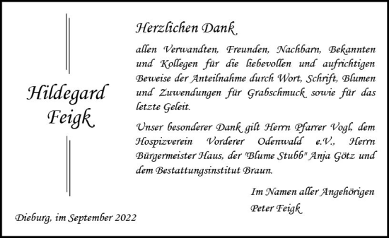Traueranzeige von Hildegard Feigk von vrm-trauer DieburgerAnzeiger/Groß-Zimmerner Lokala