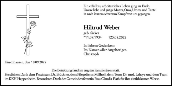 Traueranzeige von Hiltrud Weber von vrm-trauer Bürstädter/Lamperth. Ztg/Starkenburger
