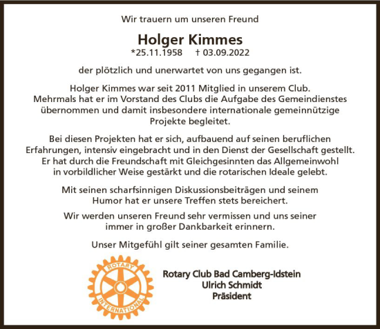 Traueranzeige von Holger Kimmes von vrm-trauer Idsteiner Zeitung