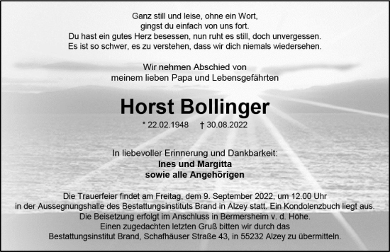 Traueranzeige von Horst Bollinger von vrm-trauer Allgemeine Zeitung Alzey