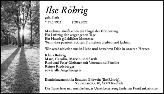 Traueranzeige von Ilse Röhrig von vrm-trauer Wiesbadener Kurier