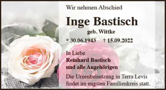 Traueranzeige von Inge Bastisch von vrm-trauer Wiesbadener Kurier