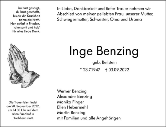 Traueranzeige von Inge Benzing von vrm-trauer Hochheimer Zeitung