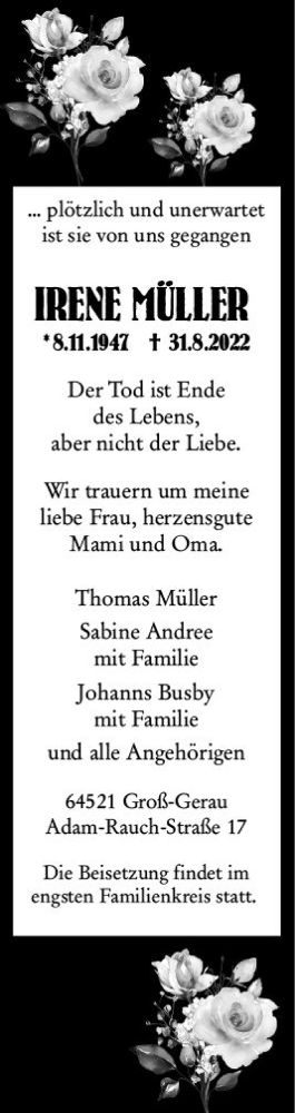 Traueranzeige von Irene Müller von vrm-trauer Groß-Gerauer Echo