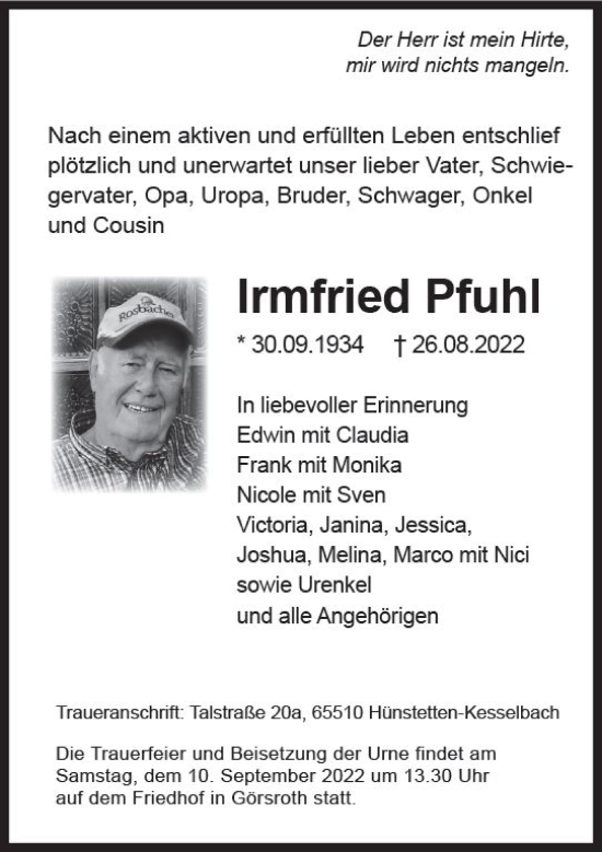 Traueranzeige von Irmfried Pfuhl von vrm-trauer Wiesbadener Kurier