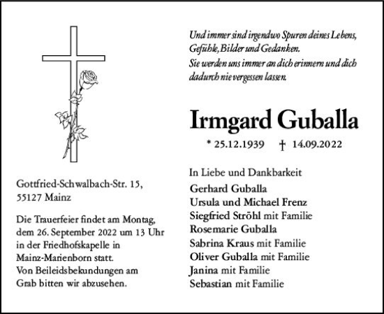 Traueranzeige von Irmgard Guballa von vrm-trauer AZ Mainz