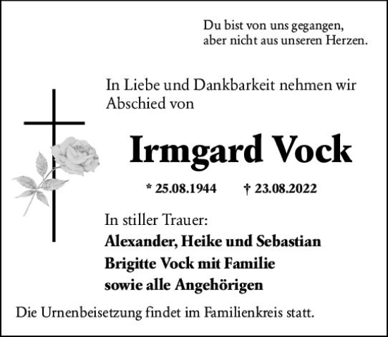Traueranzeige von Irmgard Vock von vrm-trauer Darmstädter Echo